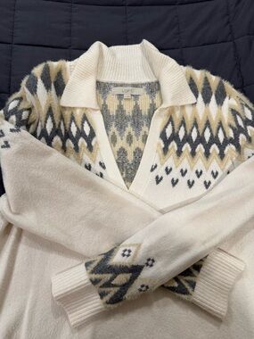 LOFT Cream & Gray Fair Isle Collared V-Neck Sweater